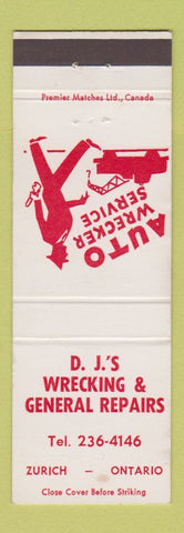 Matchbook Cover - DJ's Auto Wrecking towing Repair Zurich ON