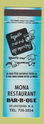 Matchbook Cover - Mona Restaurant BBQ St Jacques NB