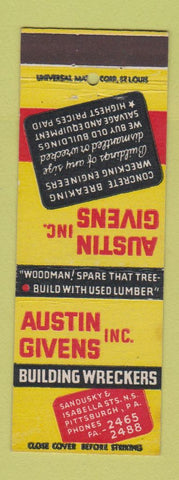 Matchbook Cover - Austin Givens Builders Wreckers Pittsburgh PA