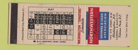 Matchbook Cover - NW Federal Savings Washington DC Senators Baseball Scheule