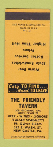 Matchbook Cover - Friendly Tavern New Castle PA