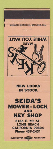 Matchbook Cover - Seida's Mower Lock Key Shop Long Beach CA PEACH