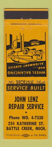 Matchbook Cover - John Lenz Auto Repair Battle Creek MI YELLOW