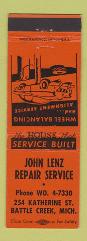 Matchbook Cover - John Lenz Auto Repair Battle Creek MI ORANGE