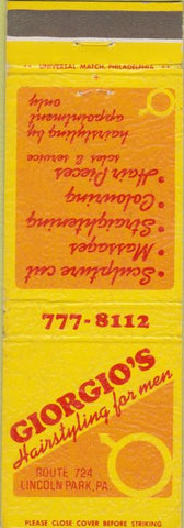 Matchbook Cover - Giorgio's Hairstyling for Men Lincoln Park PA