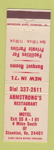 Matchbook Cover - Armstrong's Restaurant Staunton VA motel