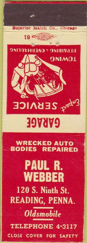 Matchbook Cover - Paul Webber Reading PA Service Garage