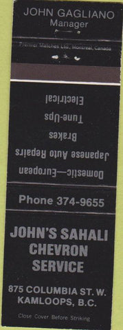 Matchbook Cover - John's Sahali Chevron Gas Kamloops BC