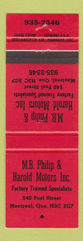 Matchbook Cover - MB Philip Harold Motors Montreal QC auto repair RED