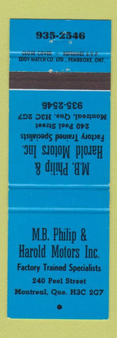 Matchbook Cover - MB Philip Harold Motors Montreal QC auto repair BLUE