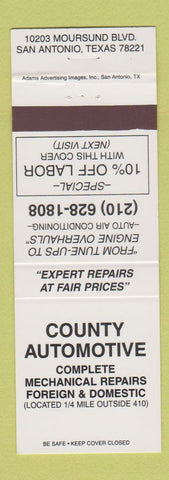 Matchbook Cover - County Automotive San Antonio TX auto repair