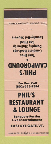 Matchbook Cover - Phil's Restaurant Camping East Rye Gate VT PEACH