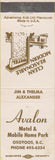 Matchbook Cover - Avalon Mobile Home Park Ossyoos BC
