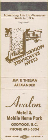Matchbook Cover - Avalon Mobile Home Park Ossyoos BC