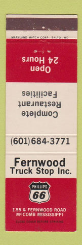 Matchbook Cover - Fernwood Truck Stop Phillips 66 oil gas McComb MS