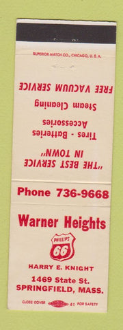 Matchbook Cover - Warner Heights Phillips 66 oil gas Springfield MA