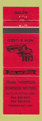 Matchbook Cover Thompson Dominion Motors Buick Pontiac GMC Thunder Bay ON RED