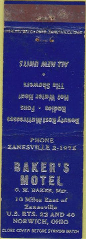 Matchbook Cover - Baker's Motel Norwich OH