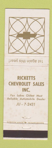Matchbook Cover - Ricketts Chevrolet Fox Lake IL? WEAR