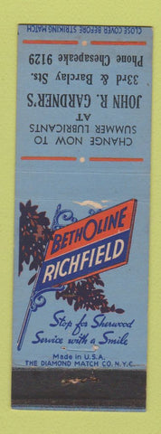 Matchbook Cover - Richfield oil gas John Gardner's Baltimore MD