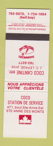 Matchbook Cover - Petro Canada oil gas Coco Station Ste Anne Des Monts QC
