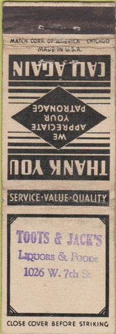Matchbook Cover - Toots  and  Jacks Liquor  and  Food no town