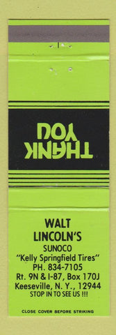 Matchbook Cover - Walt Lincoln's Sunoco oil gas Keeseville NY