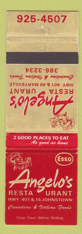 Matchbook Cover - Angelo's Restaurant Esso oil gas Marysville ON WEAR