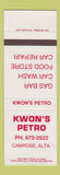 Matchbook Cover - Kwon's Petro oil gas Camrose AB SAMPLE