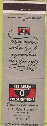 Matchbook Cover - Cain's Pharmacy Danville PA gray