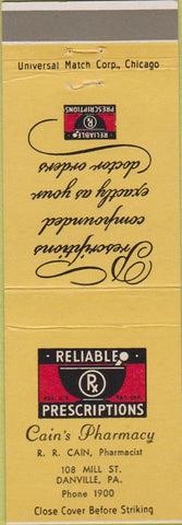 Matchbook Cover - Cain's Pharmacy Danville PA yellow
