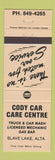 Matchbook Cover - Cody Car Care Centre Gulf oil gas Slave Lake AB