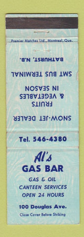 Matchbook Cover - Al's oil gas Bathurst NB Snow Jet Snowmobiles WEAR