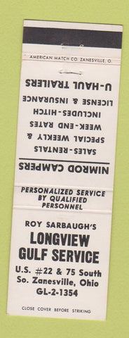 Matchbook Cover - Longview Gulf oil gas South Zanesville OH U-Haul Trailers