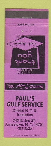 Matchbook Cover - Paul's Gulf oil gas Jamestown NY PURPLE WEAR