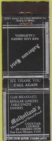 Matchbook Cover - Mulholland's Restaurant San Luis Obispo CA
