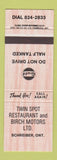 Matchbook Cover - Gulf oil gas Twin Spot Restaurant Birch Motors Schreiber ON