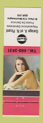 Matchbook Cover - Gulf oil gas Garage Picard Montmagny QC pinup