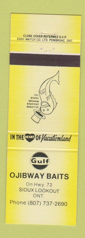 Matchbook Cover - Gulf oil gas Ojibway Baits Sioux Lookout ON