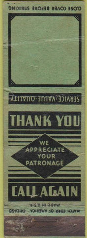 Matchbook Cover - Thank You  no town green BLANK