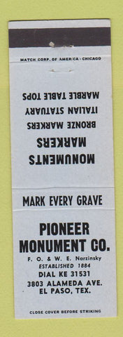 Matchbook Cover - Pioneer Monument Memorials Headstones El Paso TX