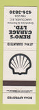 Matchbook Cover - Shell oil gas Reno's Garage Vancouver BC