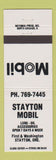 Matchbook Cover - Stayton Mobil oil gas OR  WHITE