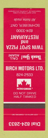 Matchbook Cover - Petro Canada oil gas Birch Motors Schreiber ON SAMPLE