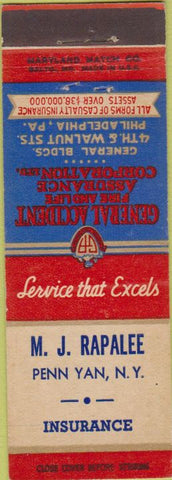 Matchbook Cover - M.J. Rapalee Insurance Penn Yan NY