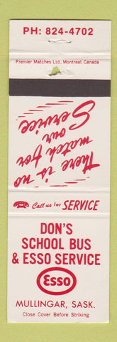 Matchbook Cover - Don's School Bus Esso oil gas Mulligar SK WORN