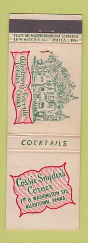 Matchbook Cover - Cassie Snyder's Corner Allentown PA feature restaurant