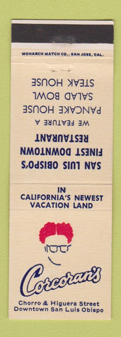 Matchbook Cover - Corcoran's Restaurant San Luis Obispo CA