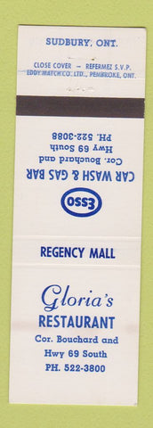 Matchbook Cover - Esso oil gas Sudbury ON Gloria's Restaurant WEAR