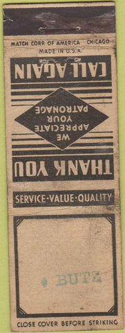 Matchbook Cover - Butz Thank You no town